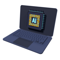 3D render laptop computer with microchip. AI chip hardware concept. Futuristic microchip on laptop. Laptop artificial intelligence. 3D rendering png