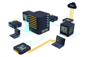 Computer Technologie 3d Illustration. Berechnung von groß Daten Center. Wolke Rechnen. online Geräte hochladen und herunterladen Information. modern 3d Illustration. 3d Rendern png