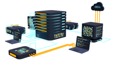 computer technologie 3d illustratie. berekening van groot gegevens centrum. wolk computergebruik. online apparaten uploaden en downloaden informatie. modern 3d illustratie. 3d renderen png