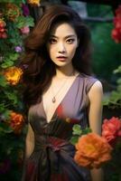 Beautiful asian girl wearing sensual dress in flower garden AI Generative photo