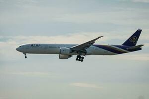 Bangkok, Thailand - August 26, 2023 Thai airways prepare for Landing at Suvarnabhumi Airport, Thailand photo