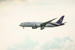 Bangkok, Thailand - August 26, 2023 Thai Airways prepare for Landing at Suvarnabhumi Airport, Thailand photo