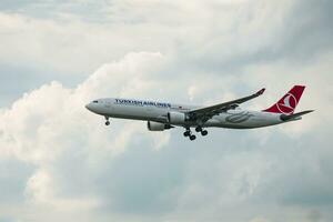 Bangkok, Thailand - August 26, 2023  Turkish Airlines prepare for Landing at Suvarnabhumi Airport, Thailand photo