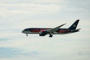 Bangkok, Thailand - August 26, 2023 Royal jordanian airlines prepare for Landing at Suvarnabhumi Airport, Thailand photo