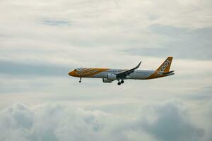 Bangkok, Thailand - August 26, 2023  Flyscoot airways prepare for Landing at Suvarnabhumi Airport, Thailand photo