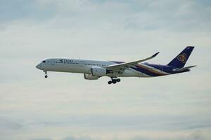 Bangkok, Thailand - August 26, 2023 Thai airways prepare for Landing at Suvarnabhumi Airport, Thailand photo