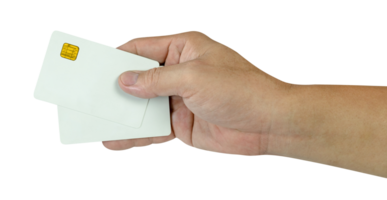 Hand holding blank white credit card isolated. Plastic debit-card png