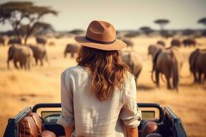 un hermosa hembra turista explorar un sabana ai generativo foto