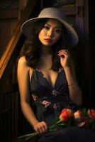 Beautiful asian girl wearing sensual dress in flower garden AI Generative photo