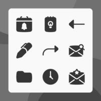 Essential icons in glyph style, for ui ux design, website icons, interface and business. Including calendar, reminder, time, pen, folder, favorite message, note, etc. vector