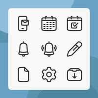 Essential icons in line style, for ui ux design, website icons, interface and business. Including calendar, to do list, notification bell, setting, file, pencil, etc. vector