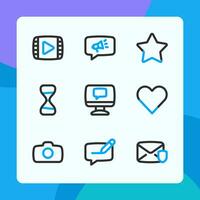 Essential ui icons in dual tone style, for ui ux design, website icons, interface and business. Including video file, marketing, star, love, heart, camera, time, security message, etc. vector