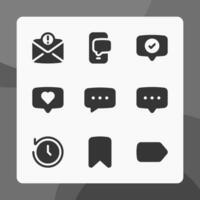 Message icons in glyph style, for ui ux design, website icons, interface and business. Including caht bubble, bookmark, label, love chat, chat app, etc. vector