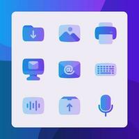 UI icons in gradient style, for ui ux design, website icons, interface and business. Including download folder, image file, print, email, keyword, audio file, microphone, etc. vector