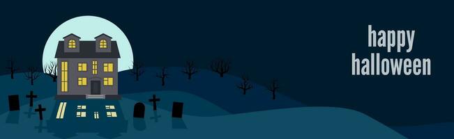 Happy Halloween. Festive banner with a lonely house on a background of the full moon at night. Vector illustration.
