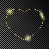 Gold glowing heart shape frame isolated on dark background. Shiny frame with glowing effects. Vector illustration.