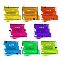 Set of eight black rectangular quote box frames on colorful smears isolated on white background. Vector illustration