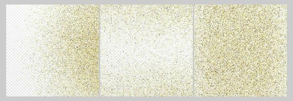Set of three gold glitter confetti backdrops isolated on white backgrounds. Celebratory texture with shining light effect. Vector illustration.