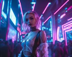 un foto de un niña en un luces de neón cyberpunk atuendo en un futurista paisaje urbano a noche ai generativo