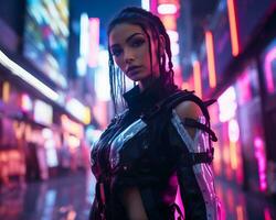 un foto de un niña en un luces de neón cyberpunk atuendo en un futurista paisaje urbano a noche ai generativo