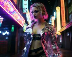 A photo of a girl in a neon-lit cyberpunk attire in a futuristic cityscape at night AI Generative