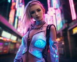 un foto de un niña en un luces de neón cyberpunk atuendo en un futurista paisaje urbano a noche ai generativo