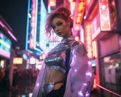 un foto de un niña en un luces de neón cyberpunk atuendo en un futurista paisaje urbano a noche ai generativo