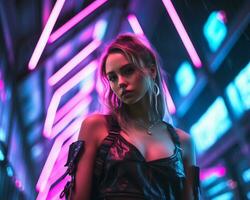 A photo of a girl in a neon-lit cyberpunk attire in a futuristic cityscape at night AI Generative