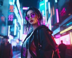 un foto de un niña en un luces de neón cyberpunk atuendo en un futurista paisaje urbano a noche ai generativo