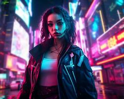 un foto de un niña en un luces de neón cyberpunk atuendo en un futurista paisaje urbano a noche ai generativo