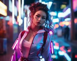 A photo of a girl in a neon-lit cyberpunk attire in a futuristic cityscape at night AI Generative