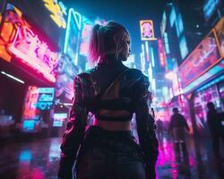 un foto de un niña en un luces de neón cyberpunk atuendo en un futurista paisaje urbano a noche ai generativo