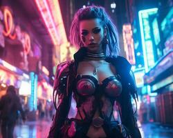 un foto de un niña en un luces de neón cyberpunk atuendo en un futurista paisaje urbano a noche ai generativo