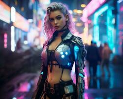 un foto de un niña en un luces de neón cyberpunk atuendo en un futurista paisaje urbano a noche ai generativo