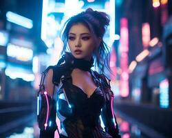 un foto de un niña en un luces de neón cyberpunk atuendo en un futurista paisaje urbano a noche ai generativo