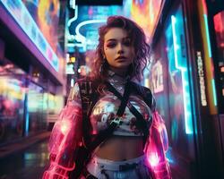 un foto de un niña en un luces de neón cyberpunk atuendo en un futurista paisaje urbano a noche ai generativo