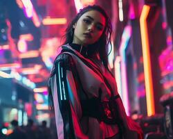 un foto de un niña en un luces de neón cyberpunk atuendo en un futurista paisaje urbano a noche ai generativo