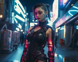 un foto de un niña en un luces de neón cyberpunk atuendo en un futurista paisaje urbano a noche ai generativo