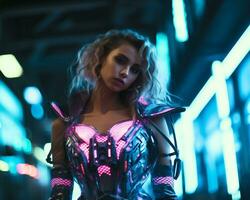 A photo of a girl in a neon-lit cyberpunk attire in a futuristic cityscape at night AI Generative