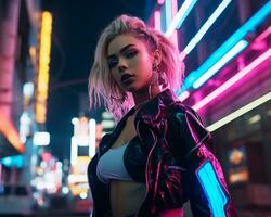 un foto de un niña en un luces de neón cyberpunk atuendo en un futurista paisaje urbano a noche ai generativo