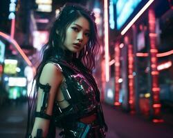 un foto de un niña en un luces de neón cyberpunk atuendo en un futurista paisaje urbano a noche ai generativo