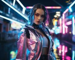 A photo of a girl in a neon-lit cyberpunk attire in a futuristic cityscape at night AI Generative