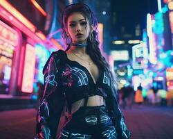 un foto de un niña en un luces de neón cyberpunk atuendo en un futurista paisaje urbano a noche ai generativo