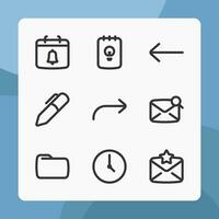 Essential icons in line style, for ui ux design, website icons, interface and business. Including calendar, reminder, time, pen, folder, favorite message, note, etc. vector