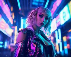 un foto de un niña en un luces de neón cyberpunk atuendo en un futurista paisaje urbano a noche ai generativo