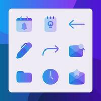 Essential icons in gradient style, for ui ux design, website icons, interface and business. Including calendar, reminder, time, pen, folder, favorite message, note, etc. vector