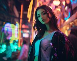 A photo of a girl in a neon-lit cyberpunk attire in a futuristic cityscape at night AI Generative