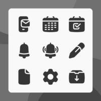 Essential icons in glyph style, for ui ux design, website icons, interface and business. Including calendar, to do list, notification bell, setting, file, pencil, etc. vector