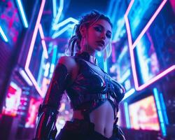 un foto de un niña en un luces de neón cyberpunk atuendo en un futurista paisaje urbano a noche ai generativo