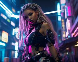 un foto de un niña en un luces de neón cyberpunk atuendo en un futurista paisaje urbano a noche ai generativo